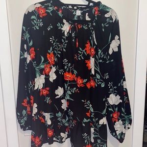Old Navy Long Sleeve Black Blouse with Red Flowers